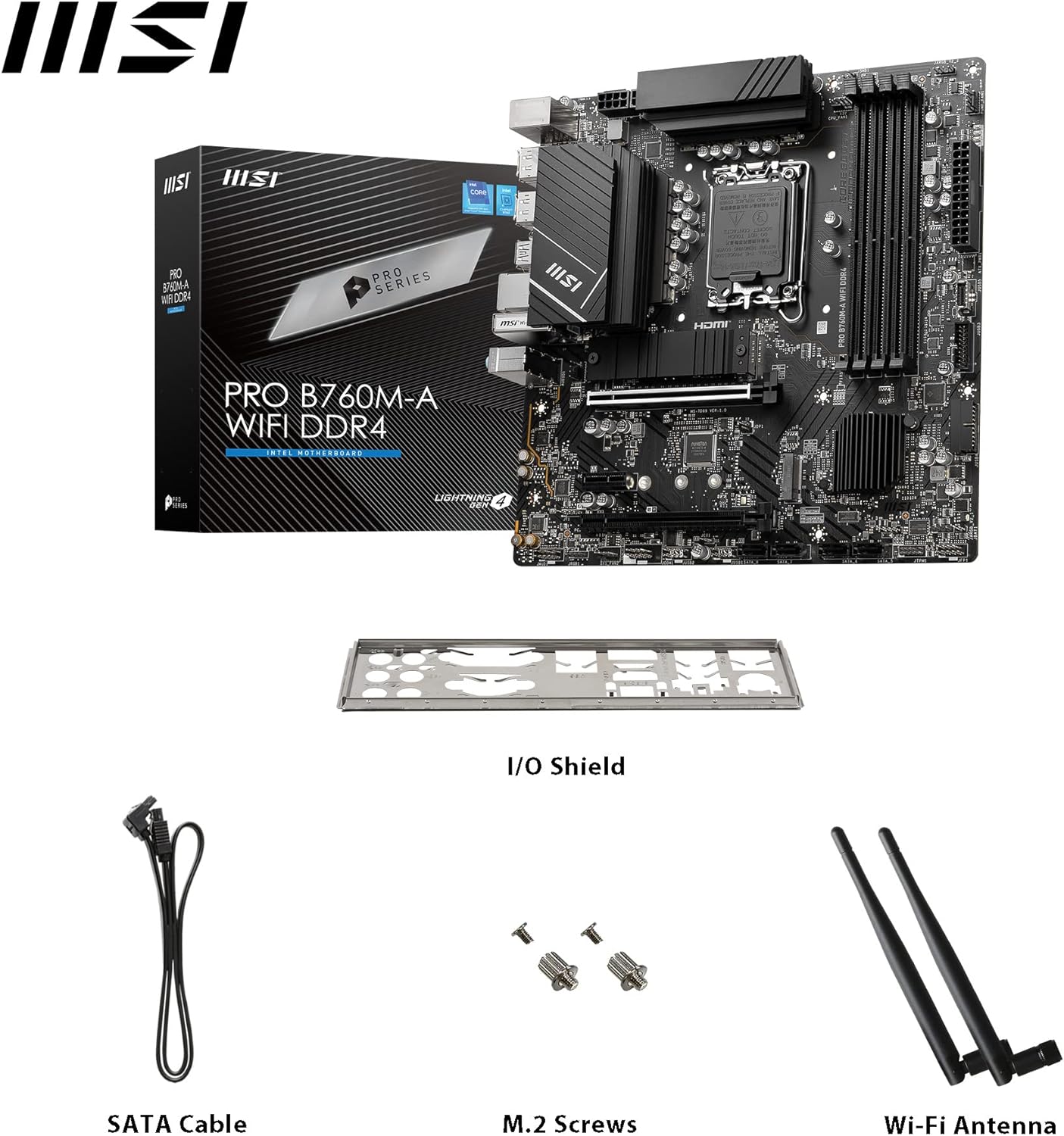 MSI PRO B760M-A WIFI DDR4 Motherboard, Micro-ATX - Supports Intel 12th & 13th Gen Core Processors, LGA 1700 - DDR4 Memory Boost 5333+MHz/OC, PCIe 4.0 x16 Slots, M.2 Gen4 Slots, 2.5G LAN, Wi-Fi 6E