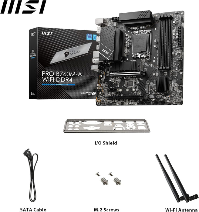 MSI PRO B760M-A WIFI DDR4 Motherboard, Micro-ATX - Supports Intel 12th & 13th Gen Core Processors, LGA 1700 - DDR4 Memory Boost 5333+MHz/OC, PCIe 4.0 x16 Slots, M.2 Gen4 Slots, 2.5G LAN, Wi-Fi 6E