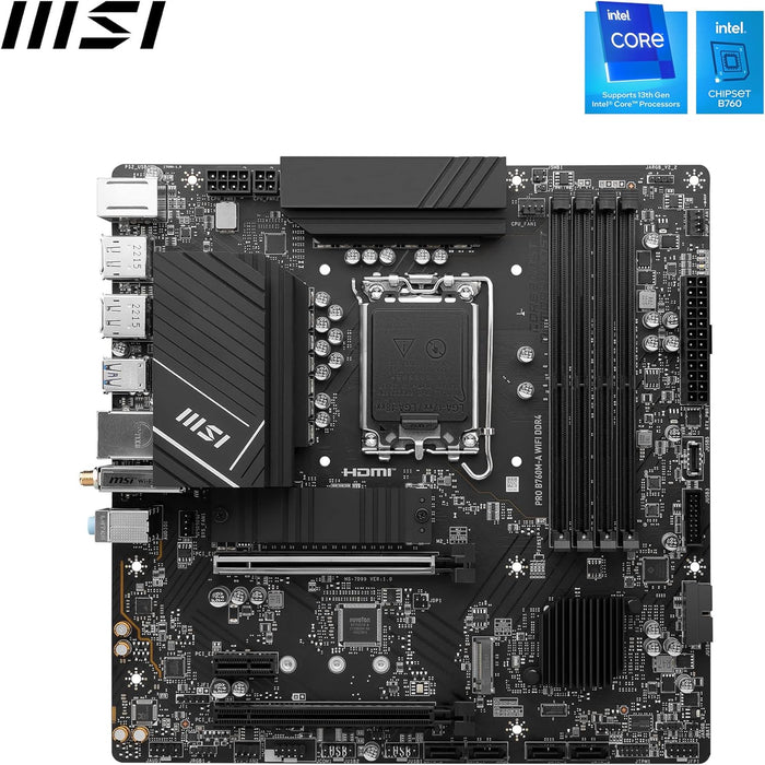 MSI PRO B760M-A WIFI DDR4 Motherboard, Micro-ATX - Supports Intel 12th & 13th Gen Core Processors, LGA 1700 - DDR4 Memory Boost 5333+MHz/OC, PCIe 4.0 x16 Slots, M.2 Gen4 Slots, 2.5G LAN, Wi-Fi 6E