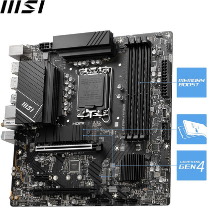 MSI PRO B760M-A WIFI DDR4 Motherboard, Micro-ATX - Supports Intel 12th & 13th Gen Core Processors, LGA 1700 - DDR4 Memory Boost 5333+MHz/OC, PCIe 4.0 x16 Slots, M.2 Gen4 Slots, 2.5G LAN, Wi-Fi 6E