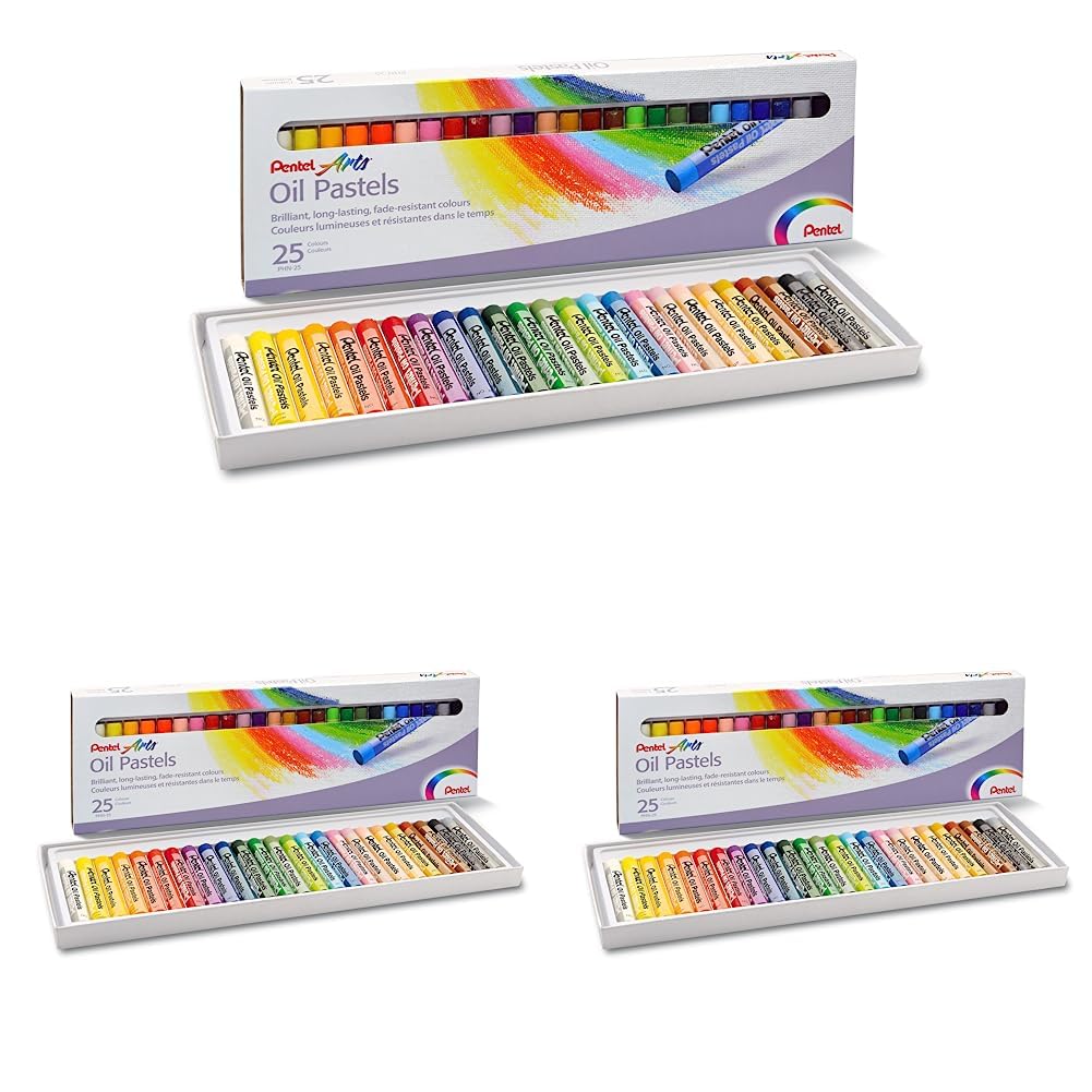 Pentel Arts Oil Pastels, Assorted colours, 3 pack of 25 sticks