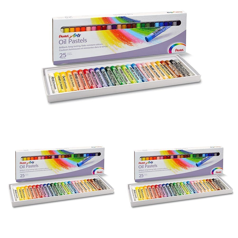 Pentel Arts Oil Pastels, Assorted colours, 3 pack of 25 sticks