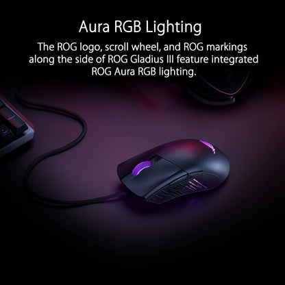 ASUS ROG Gladius III Wired Gaming Mouse, 19K Optical Sensor, 19,000 DPI, 6 Programmable Buttons, RGB Lighting, ROG Switch Socket Design, Swappable Switches, Ergonomic, Black