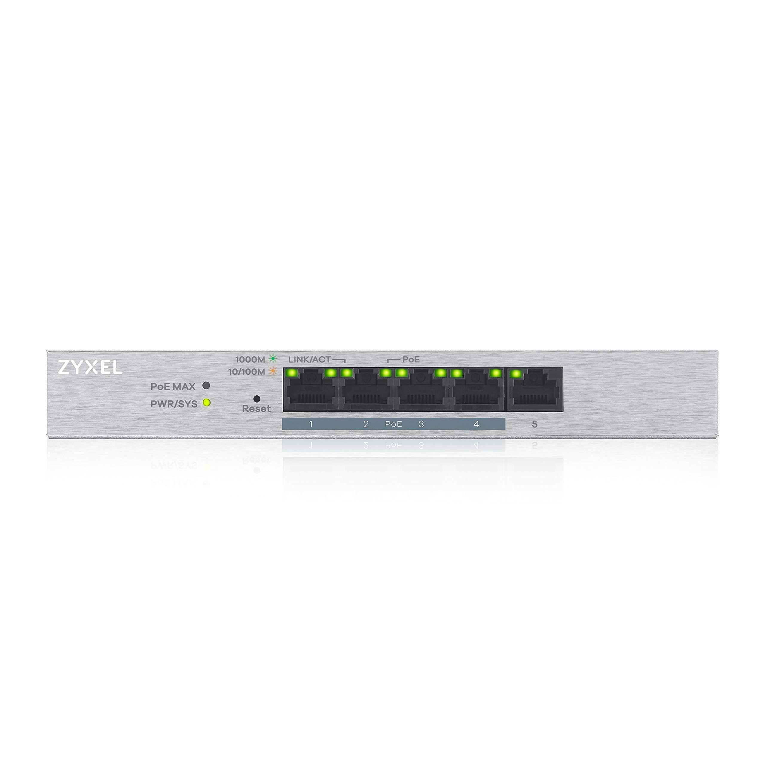 Zyxel 5-Port Gigabit Web / Smart Managed PoE+ Switch mit einem Budget von 60 Watt, Lifetime Garantie  5-Port PoE+ (60W