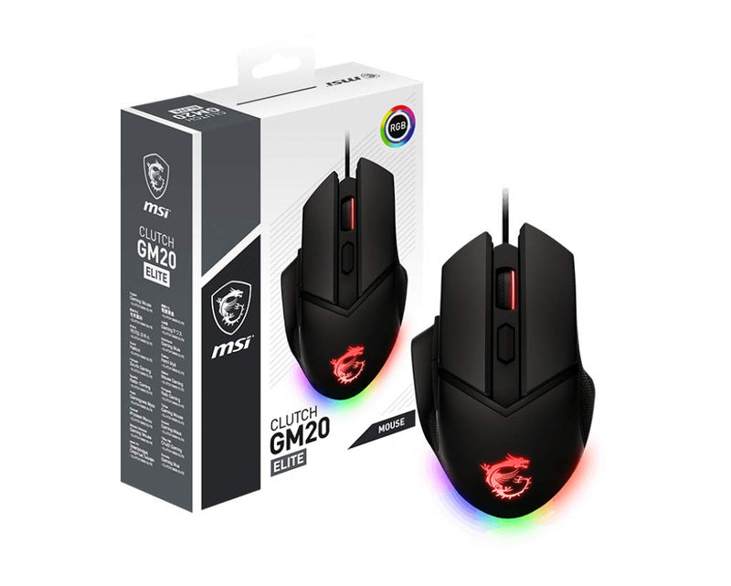 MSI CLUTCH GM20 ELITE Gaming-Maus - 6.400 DPI Optischer Sensor, rechtshändig, 20Mio+ Click OMRON-Switches, 6 Tasten, einstellbares Gewichtssystem, 1ms Latenz, RGB Mystic Light, 98-109g - kabelgebunden