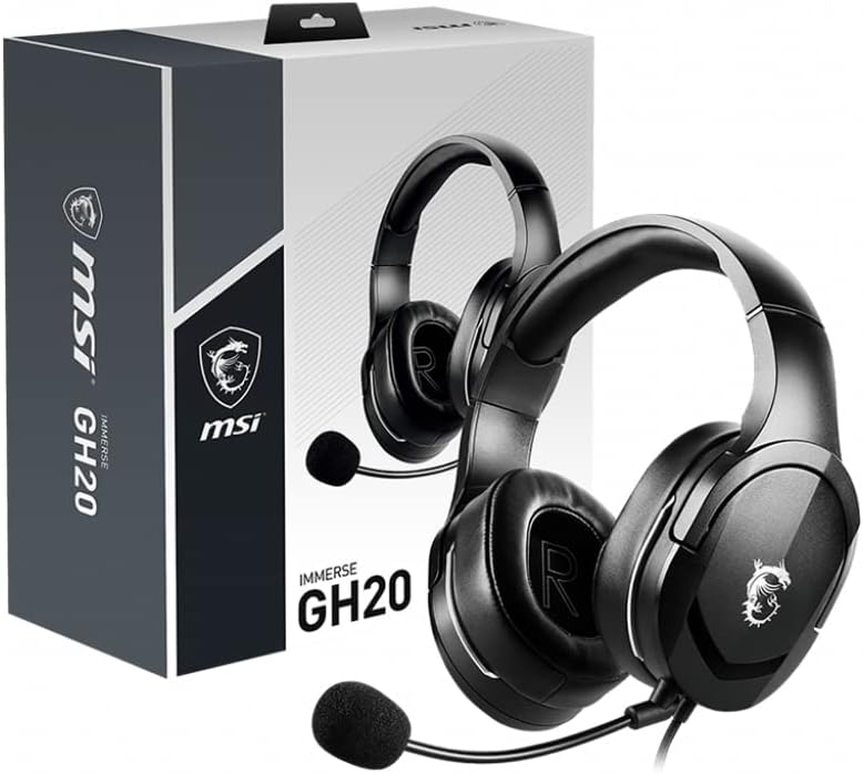 MSI IMMERSE GH20 GAMING HEADSET - Lightweight & Adjustable Design, 40mm Neodymium Drivers, laptop, Adjustable Mic, Inline Controls, 3.5mm Jack Connector & Y Cable Splitter - Wired