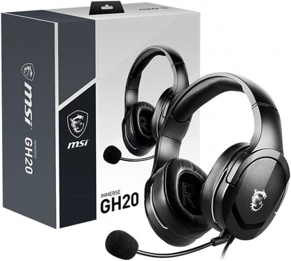MSI IMMERSE GH20 GAMING HEADSET - Lightweight & Adjustable Design, 40mm Neodymium Drivers, laptop, Adjustable Mic, Inline Controls, 3.5mm Jack Connector & Y Cable Splitter - Wired