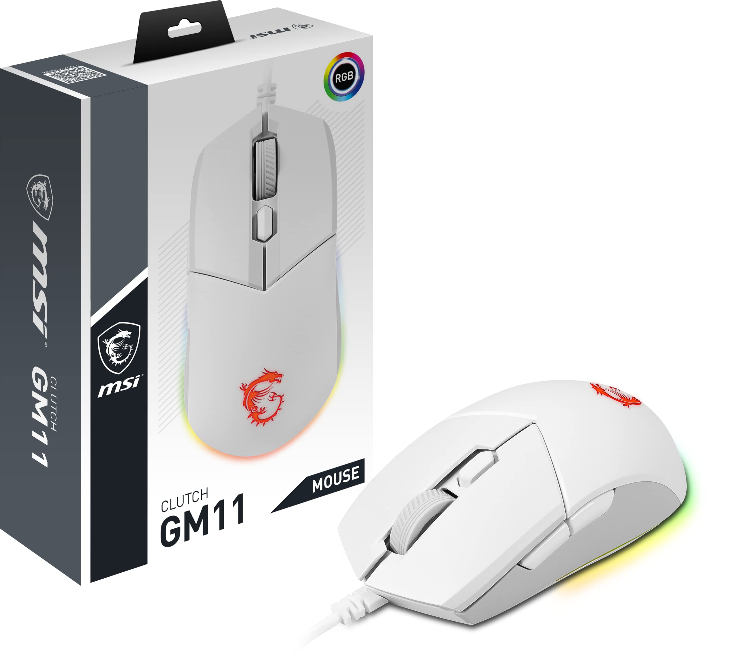 MSI CLUTCH GM11 WHITE Gaming Mouse - 5000 DPI Optical Sensor, Symmetrical, 10M+ Click OMRON Switches, 6-Buttons, 1ms Latency, RGB Mystic Light, 89g - Wired GM11 WHITE Wired (Symmetrical)