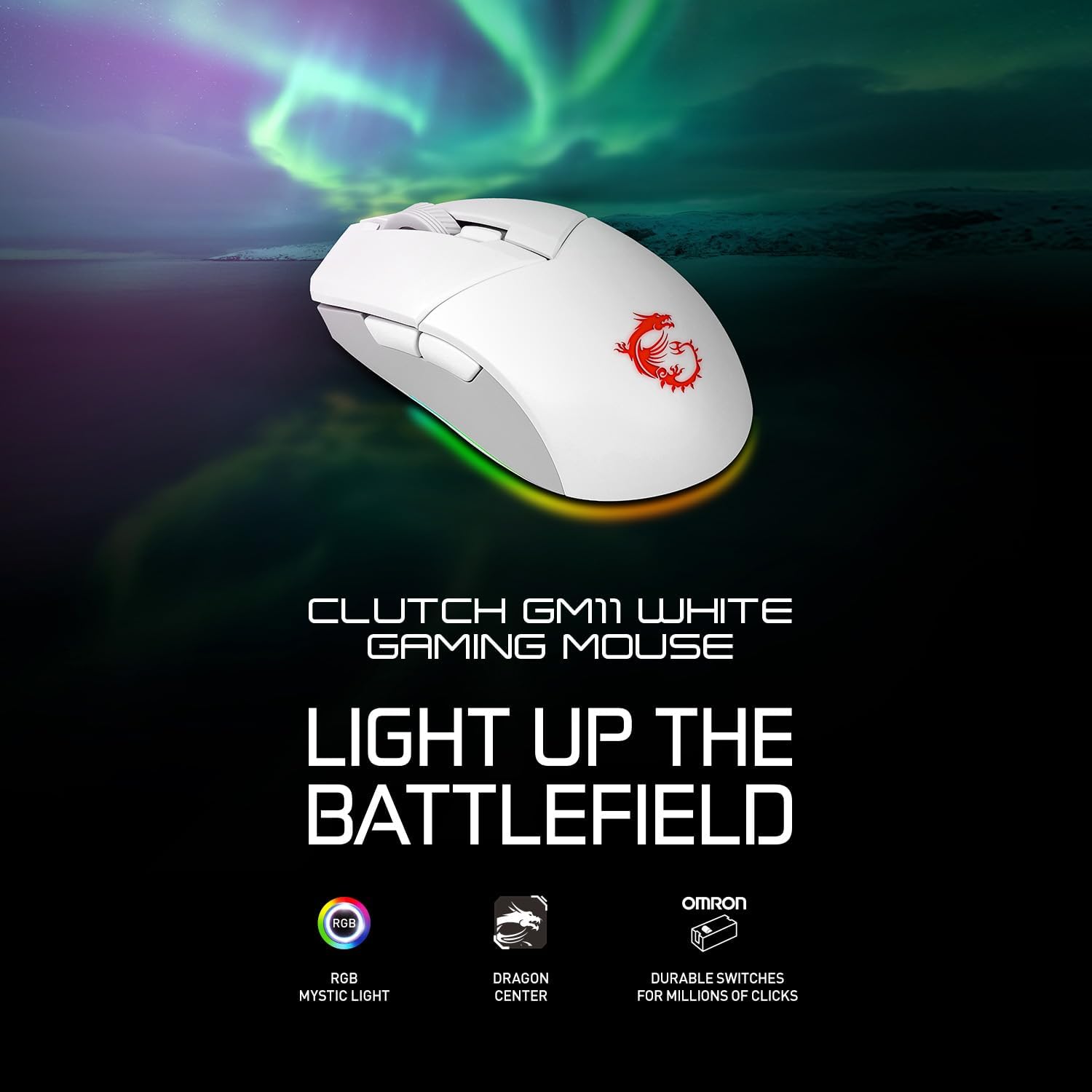 MSI CLUTCH GM11 WHITE Gaming Mouse - 5000 DPI Optical Sensor, Symmetrical, 10M+ Click OMRON Switches, 6-Buttons, 1ms Latency, RGB Mystic Light, 89g - Wired GM11 WHITE Wired (Symmetrical)