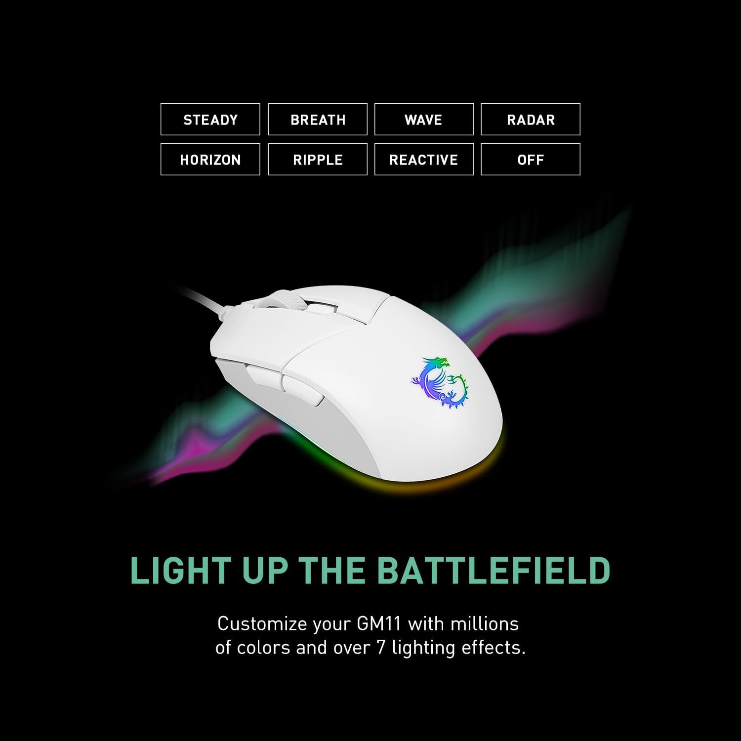 MSI CLUTCH GM11 WHITE Gaming Mouse - 5000 DPI Optical Sensor, Symmetrical, 10M+ Click OMRON Switches, 6-Buttons, 1ms Latency, RGB Mystic Light, 89g - Wired GM11 WHITE Wired (Symmetrical)