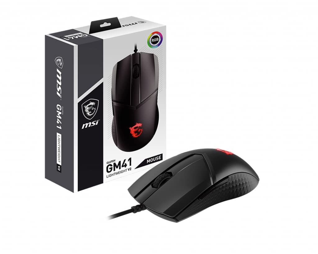 MSI CLUTCH GM41 LIGHTWEIGHT V2 Gaming Mouse - 16000 DPI Optical Sensor, Symmetrical, 60M+ Click OMRON Switches, 6-Buttons, FriXionFree Cable, 1ms Latency, RGB Mystic Light, 65g - Wired