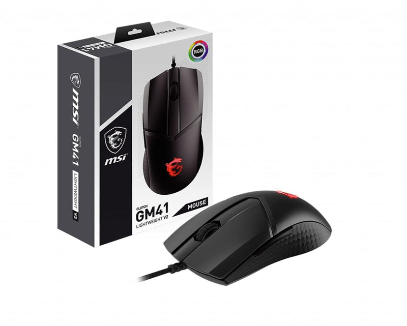 MSI CLUTCH GM41 LIGHTWEIGHT V2 Gaming Mouse - 16000 DPI Optical Sensor, Symmetrical, 60M+ Click OMRON Switches, 6-Buttons, FriXionFree Cable, 1ms Latency, RGB Mystic Light, 65g - Wired