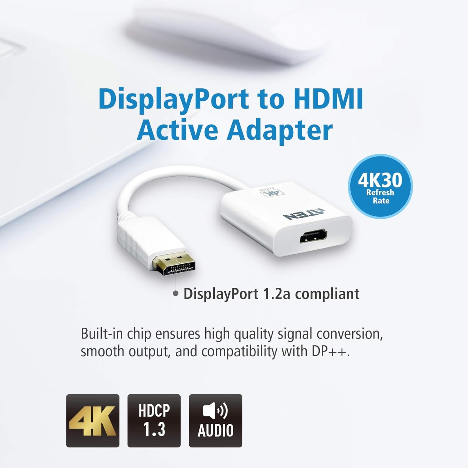ATEN VC986 DisplayPort to 4 K HDMI Adapter | No.1 KVM Market Leader , White
