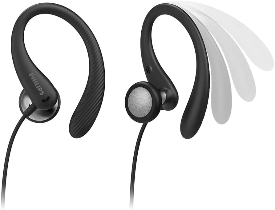 PHILIPS Audio TAA1105BK/00 Sports Headphones With Microphone, In-Ear Headphones (Flexible Ear Hook, Bass Beat Vent, IPX2 Sweat Resistant, Secure Fit, In-Line Remote Control