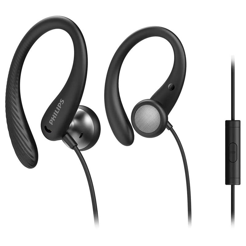 PHILIPS Audio TAA1105BK/00 Sports Headphones With Microphone, In-Ear Headphones (Flexible Ear Hook, Bass Beat Vent, IPX2 Sweat Resistant, Secure Fit, In-Line Remote Control