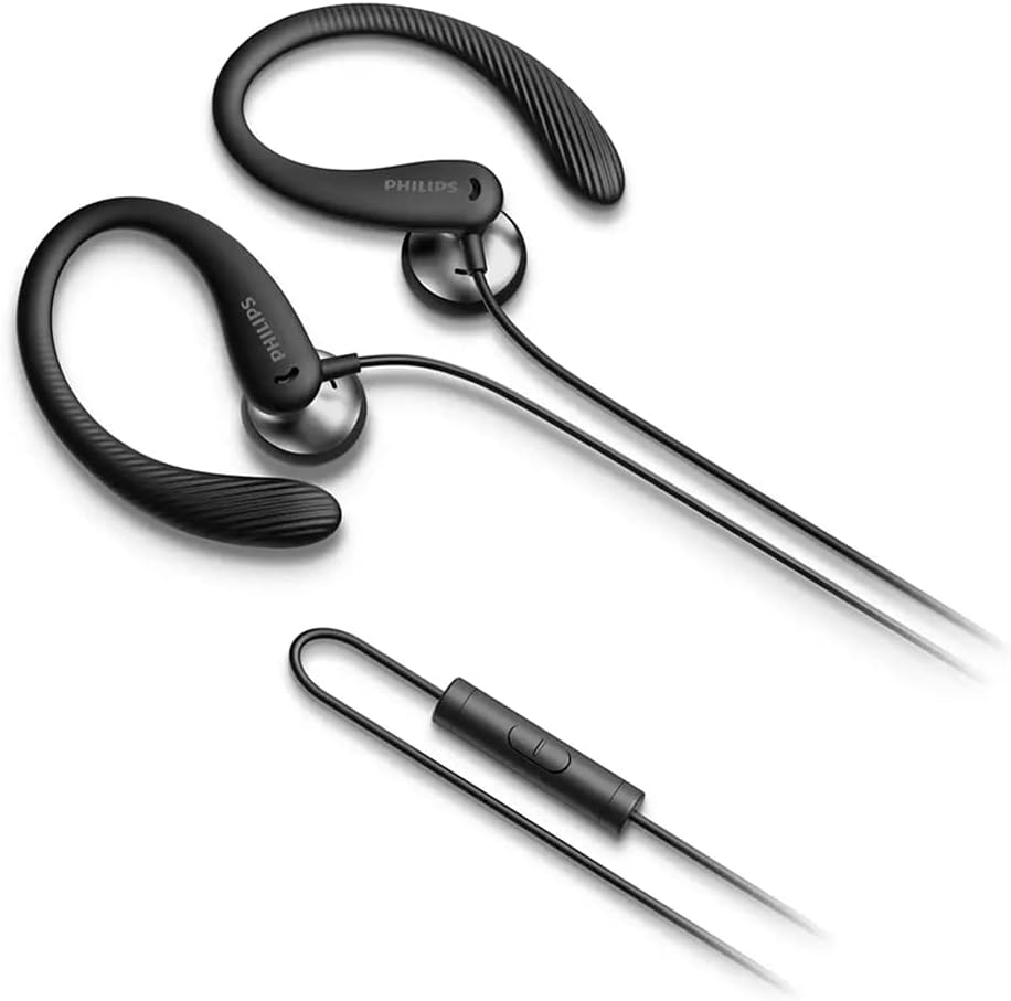 PHILIPS Audio TAA1105BK/00 Sports Headphones With Microphone, In-Ear Headphones (Flexible Ear Hook, Bass Beat Vent, IPX2 Sweat Resistant, Secure Fit, In-Line Remote Control