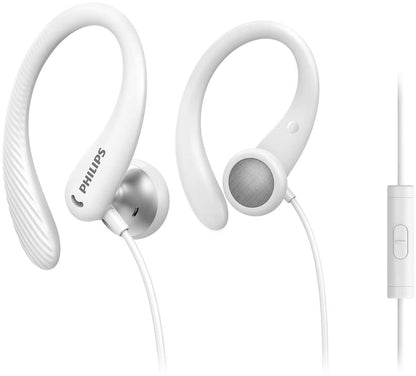 PHILIPS Audio Sports Headphones A1105WT/00 With Microphone, In-Ear Headphones (Flexible Ear Hook, Bass Beat Vent, IPX2 Sweat Resistant, Secure Fit, In-Line Remote Control