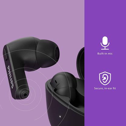 PHILIPS Earbuds, Splash and Sweat Resistant, Bluetooth, Up to 18 Hours Play Time, Soft silicone Ear-Tip Covers in 3 Sizes, Built In Mic, Classic Design and Comfortable Fit TAT2206BK/00