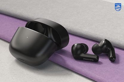 PHILIPS Earbuds, Splash and Sweat Resistant, Bluetooth, Up to 18 Hours Play Time, Soft silicone Ear-Tip Covers in 3 Sizes, Built In Mic, Classic Design and Comfortable Fit TAT2206BK/00