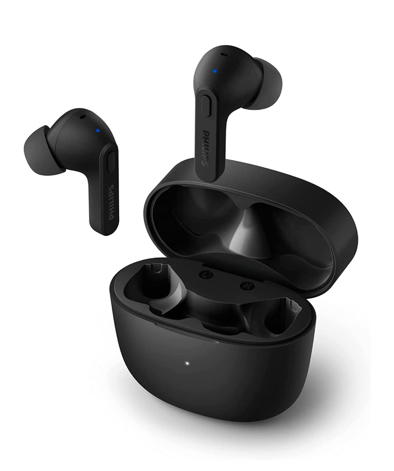 PHILIPS Earbuds, Splash and Sweat Resistant, Bluetooth, Up to 18 Hours Play Time, Soft silicone Ear-Tip Covers in 3 Sizes, Built In Mic, Classic Design and Comfortable Fit TAT2206BK/00