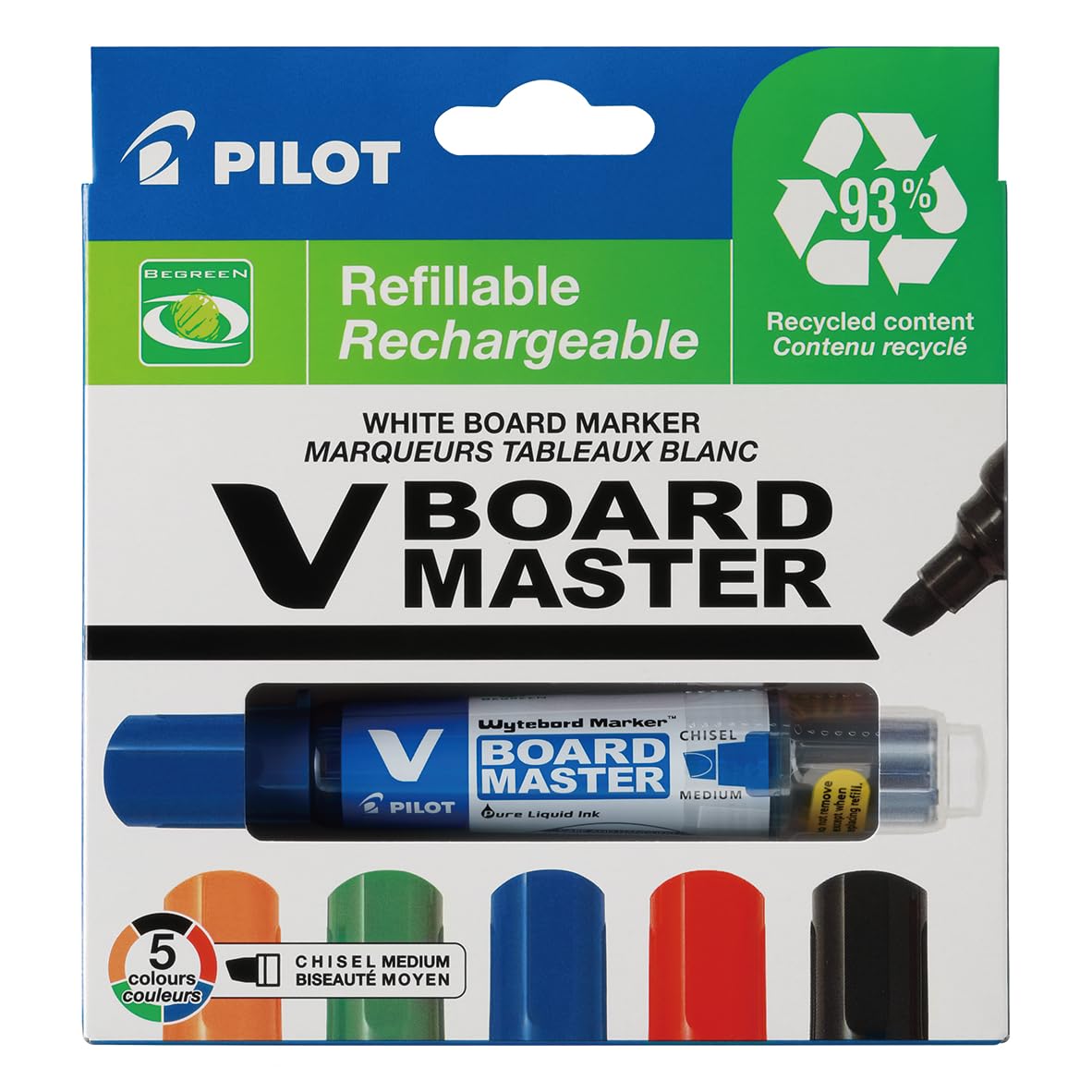 Pilot Begreen Recycled V Board Master Whiteboard Marker Chisel 2.2-5.2 mm Tip - Black/Red/Blue/Green/Orange, Wallet of 5
