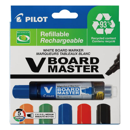 Pilot Begreen Recycled V Board Master Whiteboard Marker Chisel 2.2-5.2 mm Tip - Black/Red/Blue/Green/Orange, Wallet of 5