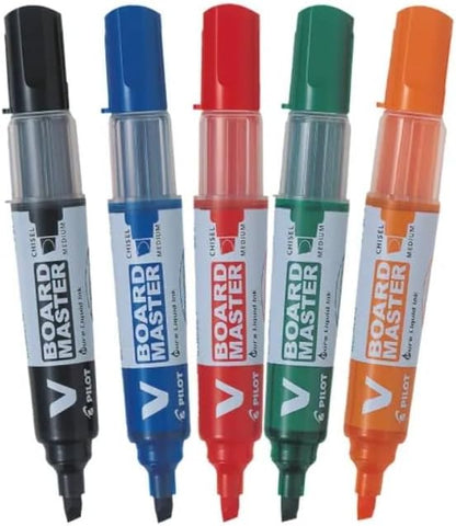 Pilot Begreen Recycled V Board Master Whiteboard Marker Chisel 2.2-5.2 mm Tip - Black/Red/Blue/Green/Orange, Wallet of 5