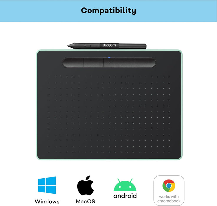 Wacom Intuos M Pistachio-green with Bluetooth – Drawing Tablet with Pen, Stylus Battery-free & Pressure-sensitive, Compatible with Windows & Mac, Perfect Tablet for Drawing, Graphics or Remote Working