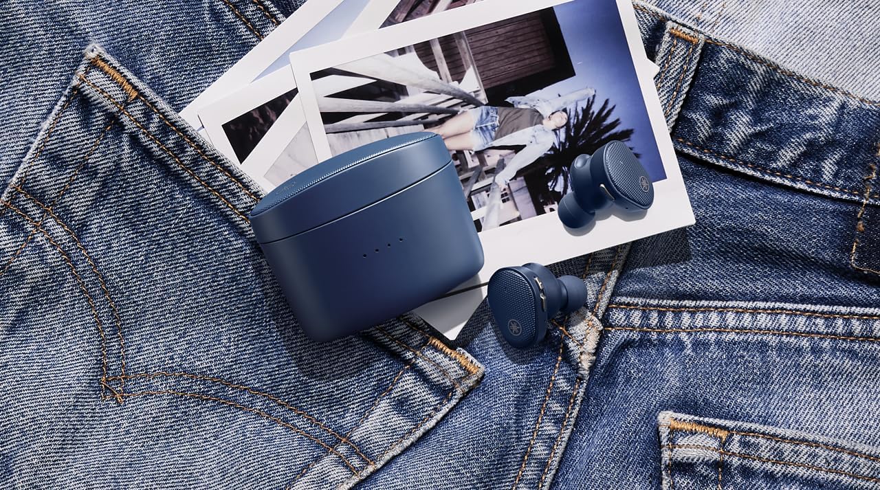 Yamaha TW-E5B True Wireless Bluetooth Earbuds in Charging Case with True Sound, aptX Adaptive, Game Mode, Ambient Sound, Listening Care and Built-In Microphone, in Blue