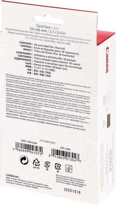 Paper for Canon SELPHY CP1500 - KC-18IF Genuine Canon Ink + Sticker Paper Set (54 x 86mm) 18 Sheets, also compatible with CP1300, CP1200