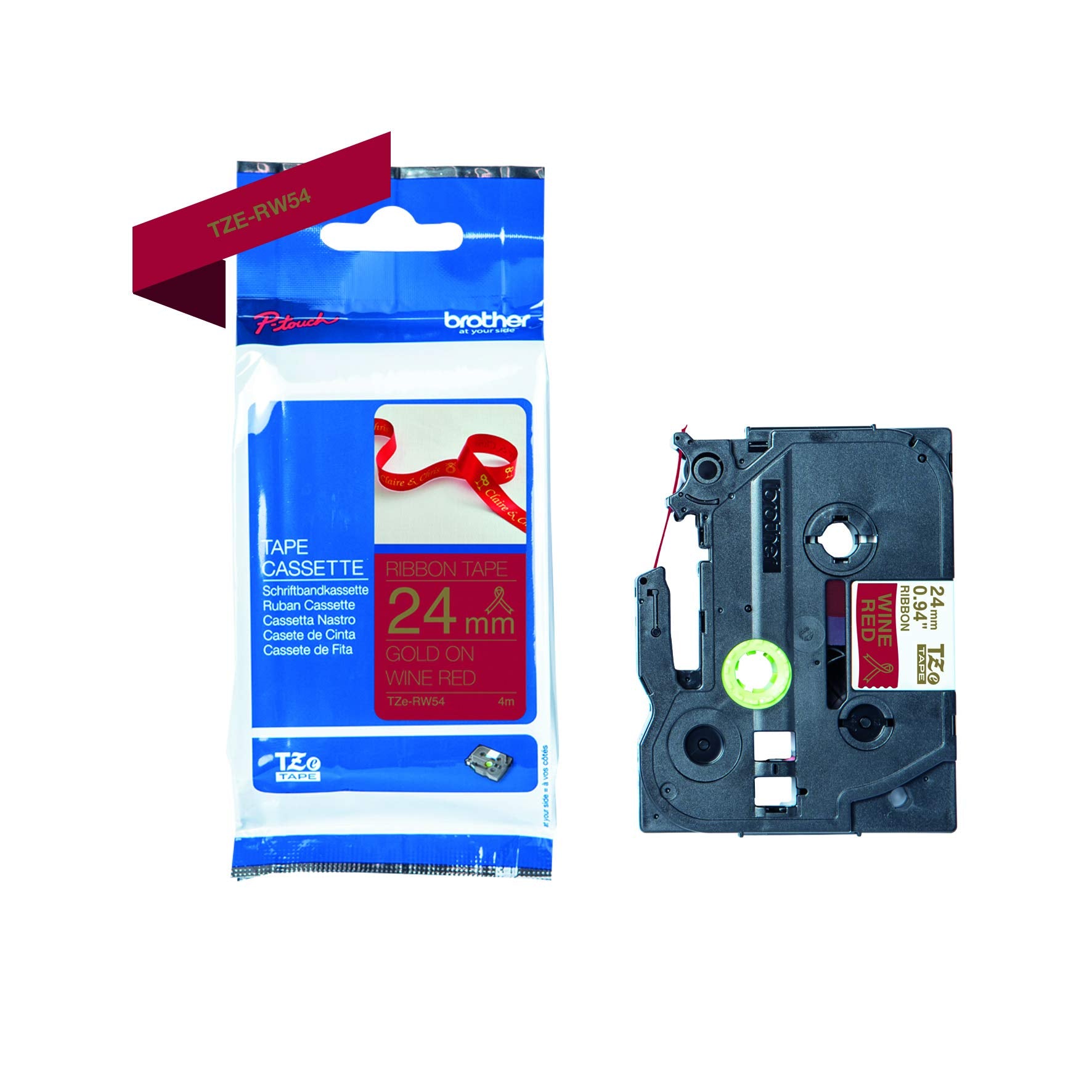 Original Brother Textiles Label Tape TZe-RW54 Gold on Wine red, 24 mm Wide, 4 m Long (for Brother P-Touch H200, H100LB/R, H105, E100/VP, D200/BW/VP, D210/VP, Cube, Cube Plus