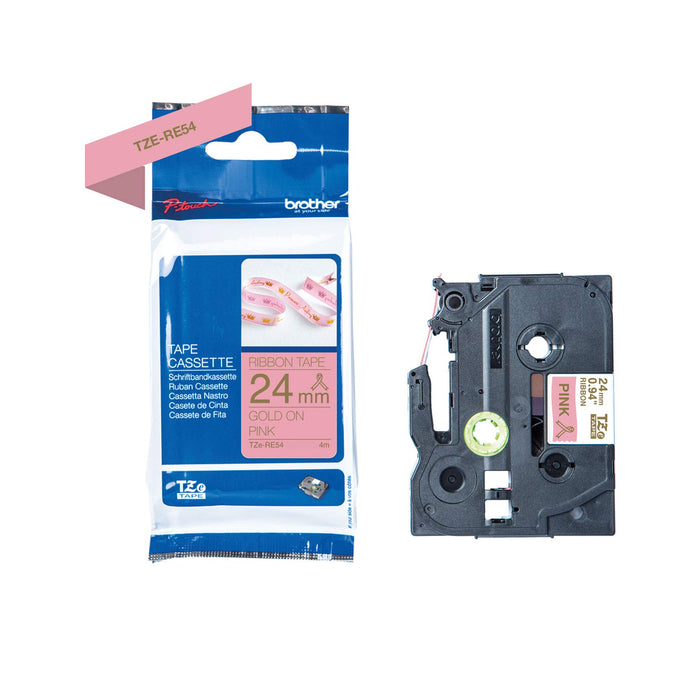 Brother Original Brother textiles TZe-RE54 label tape gold on pink - 24 mm wide, 4 m long (for Brother P-touch H200, H100LB/R, H105, E100/VP, D200/BW/VP, D210/VP, Cube, Cube Plus