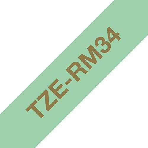 Brother TZe-RM34 Labelling Tape Cassette, Gold on Mint Green, 12mm (W) x 4M (L), Ribbon Tape, Brother Genuine Supplies
