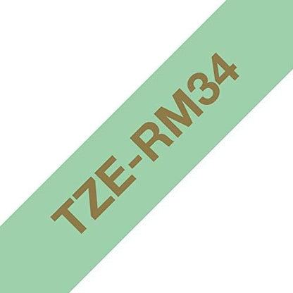 Brother TZe-RM34 Labelling Tape Cassette, Gold on Mint Green, 12mm (W) x 4M (L), Ribbon Tape, Brother Genuine Supplies