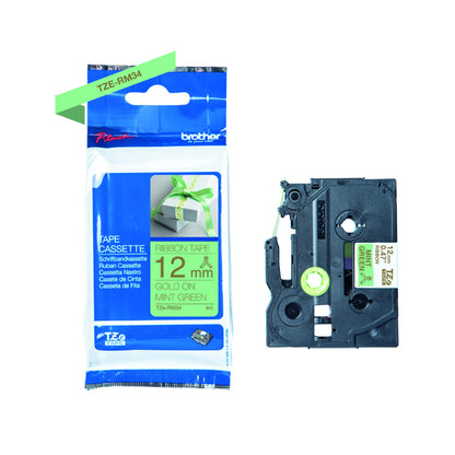 Brother TZe-RM34 Labelling Tape Cassette, Gold on Mint Green, 12mm (W) x 4M (L), Ribbon Tape, Brother Genuine Supplies