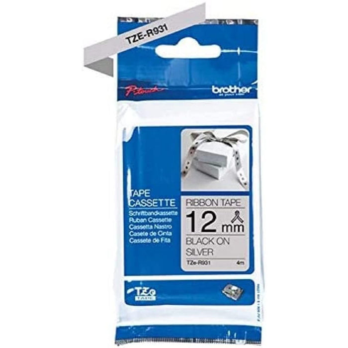 Brother TZe-R931 Labelling Tape Cassette, Black on Silver, 12mm (W) x 4M (L), Ribbon Tape, Brother Genuine Supplies