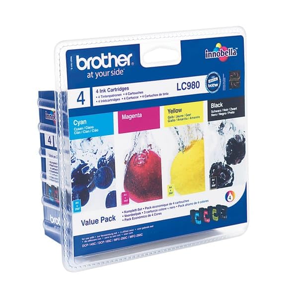 Brother LC-980BK/LC-980C/LC-980M/LC-980Y Inkjet Cartridges, Black/Cyan/Magenta/Yellow, Multi-Pack, Standard Yield, Includes 4 x Inkjet Cartridges, Brother Genuine Supplies