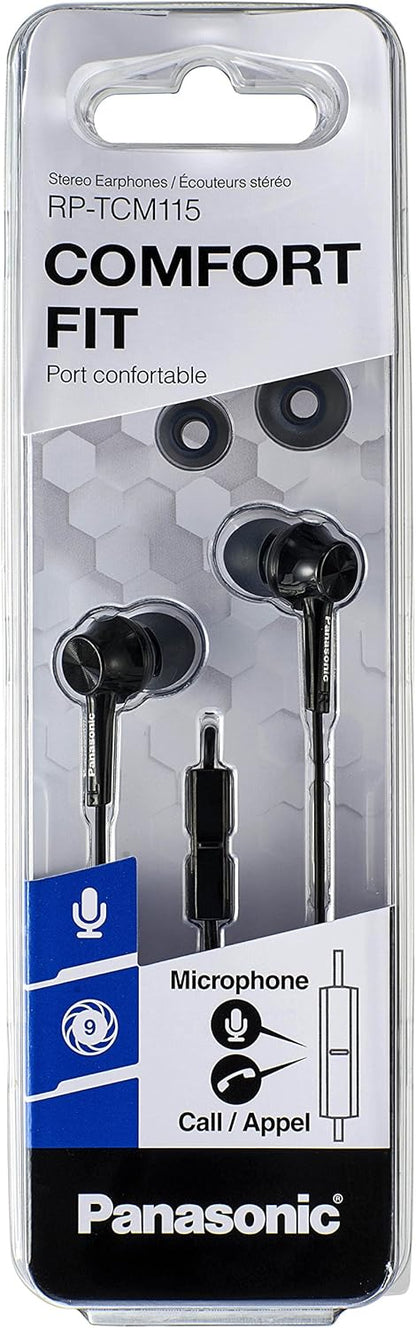 Panasonic TCM115E Wired In-Ear Headphones with Excellent Noise Isolation, Microphone, Powerful Sound