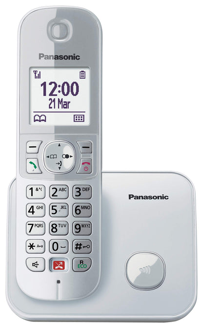 Panasonic KX-TG6851JTS Telefono Cordless Digitale, Unità Base e Ricevitore Singolo, ID Chiamante, Blocco Chiamate Indesiderate, Suoneria Categoria, Display LCD, Tastiera Illuminata, Argentato