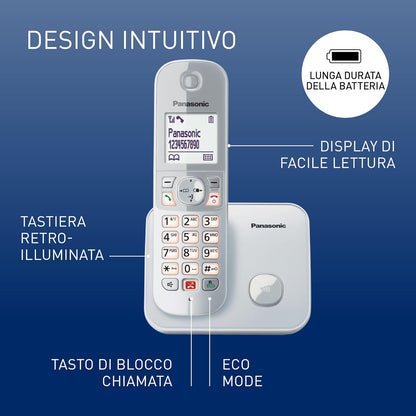 Panasonic KX-TG6851JTS Telefono Cordless Digitale, Unità Base e Ricevitore Singolo, ID Chiamante, Blocco Chiamate Indesiderate, Suoneria Categoria, Display LCD, Tastiera Illuminata, Argentato