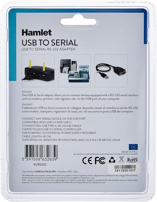 Hamlet XURS232 USB to Serial Port Adapter RS-232 Negro - Adaptador para Cable (USB, RS-232, 0,65 m, Negro