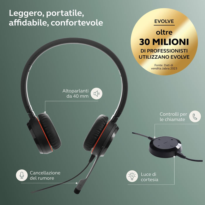 Jabra Evolve 30 II Microsoft Teams Certified USB-C Stereo Corded Headset with Call Control Unit - Compact Mini USB (Black