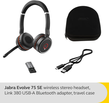 Jabra Evolve 75 SE Wireless Stereo Headset - Bluetooth Headset with Noise-Cancelling Mic & Active Noise Cancellation - MS Teams Certified, works with all other platforms - Black Evolve 75 SE Headset only Microsoft