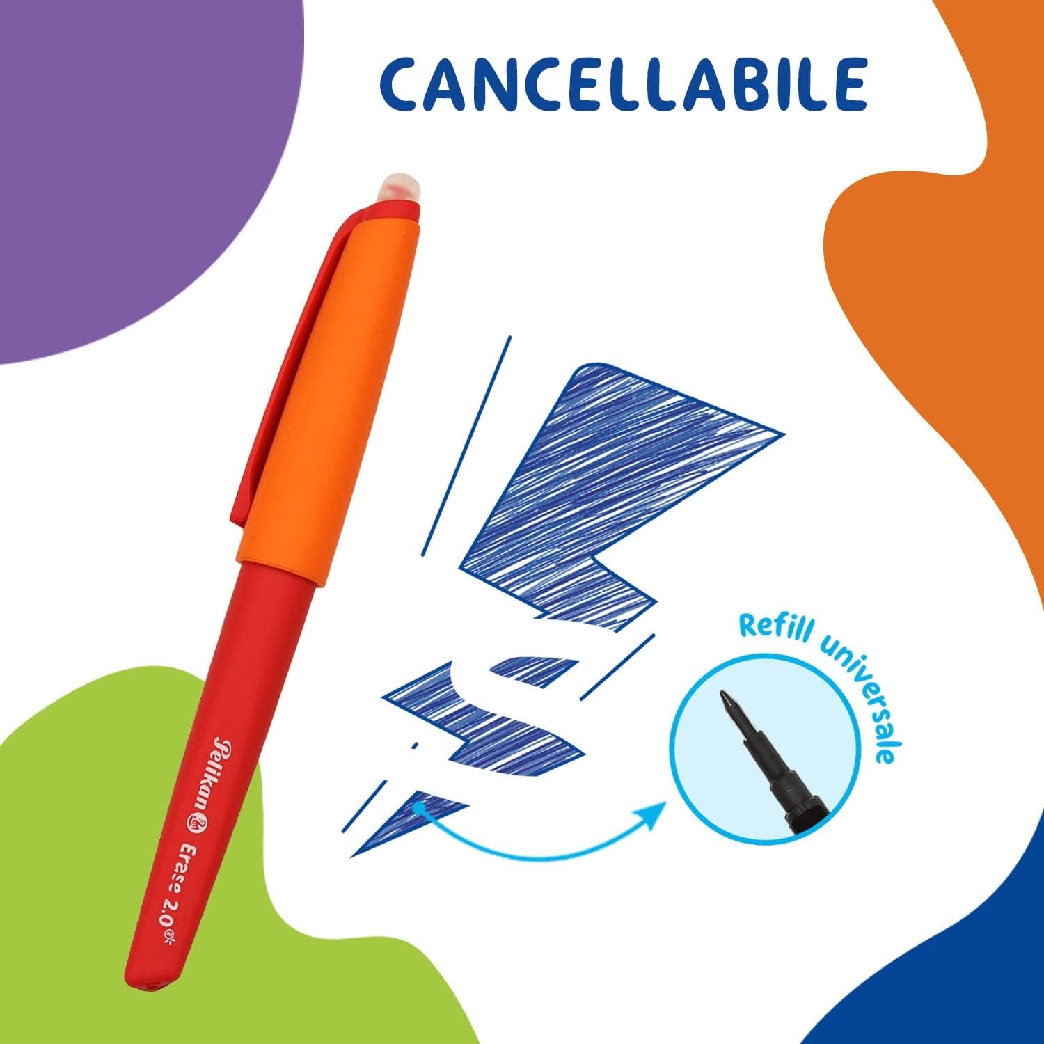 Pelikan Erase 2.0 Stylo Roller Effacable Ergonomique Encre Bleue, pour Droitier et Gaucher, École, Recharge Bleu Inclus, Rechargeable, 12 Pièces