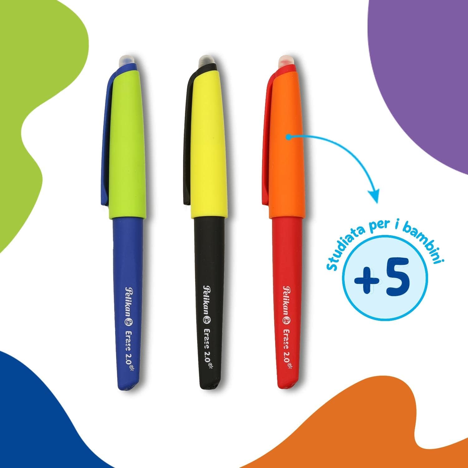 Pelikan Erase 2.0 Stylo Roller Effacable Ergonomique Encre Bleue, pour Droitier et Gaucher, École, Recharge Bleu Inclus, Rechargeable, 12 Pièces