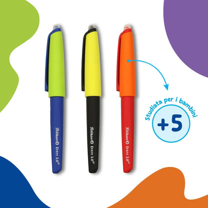 Pelikan Erase 2.0 Stylo Roller Effacable Ergonomique Encre Bleue, pour Droitier et Gaucher, École, Recharge Bleu Inclus, Rechargeable, 12 Pièces