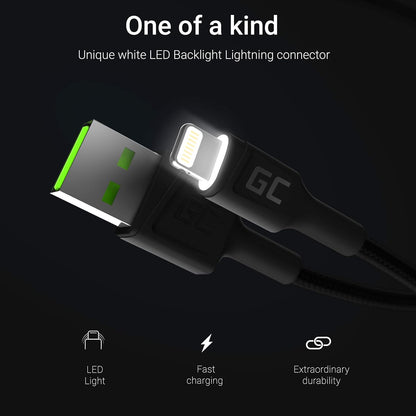 GC Ray LED | 2m Lightning Cable Nylon Cargador para Apple iPhone 13 12 11 SE Pro/Max | iPhone X XR XS Max | iPhone 8 7 Plus | iPhone 6 6S 5 5C 5S Plus | iPad Air/Pro/Mini | iPod Touch