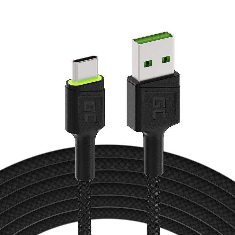 Green Cell Kabel USB-A - USB-C Typ-C 2m mit LED-Beleuchtung Ladekabel Schwarz Schnellladekabel Kompatibel mit Samsung Galaxy S23 S22 S21 S20 Ultra S10 S9 S8+ | Note 20 10 9 8 | Android-Telefonen 1 Stück 200cm LED /