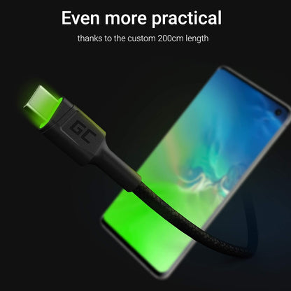 Green Cell Kabel USB-A - USB-C Typ-C 2m mit LED-Beleuchtung Ladekabel Schwarz Schnellladekabel Kompatibel mit Samsung Galaxy S23 S22 S21 S20 Ultra S10 S9 S8+ | Note 20 10 9 8 | Android-Telefonen 1 Stück 200cm LED /