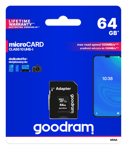 goodram 64GB M1AA Micro Card High Speed Class 10 Memory Card with Adapter and UHS-I Interface Read Speed up to 100MB/s Write Speed from 10MB/s 64GB